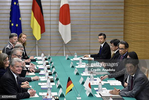 German President Joachim Gauck and Japan's Prime Minister Shinzo Abe at the start of their meeting at Abe's official residence in Tokyo, Japan, 14...