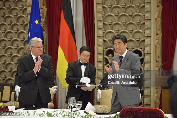 German President Joachim Gauck attends a dinner hosted by Japanese Prime Minister Shinzo Abe at Prime Minister Office in Tokyo, Japan, on November...