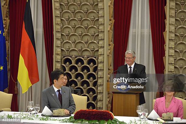 German President Joachim Gauck delivers a speech as he attends a dinner hosted by Japanese Prime Minister Shinzo Abe at Prime Minister Office in...