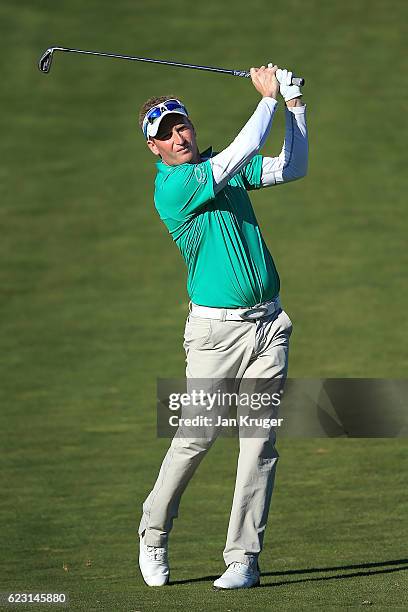 Steven Tiley of England during the third round of the European Tour qualifying school final stage at PGA Catalunya Resort on November 14, 2016 in...