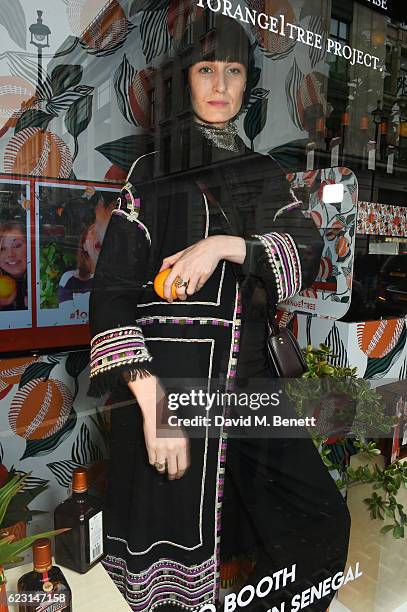 Erin O'Connor poses in the shop window as she takes part in the Cointreau project at Liberty London on November 14, 2016 in London, England.