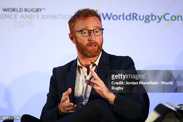 Ben Ryan, Fiji Sevens Coach talks during Day 1 of the World Rugby via Getty Images Conference and Exhibition 2016 at the Hilton London Metropole on...