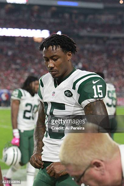 Wide Receiver Brandon Marshall of the New York Jets follows the action against the Arizona Cardinals at University of Phoenix Stadium on October 17,...