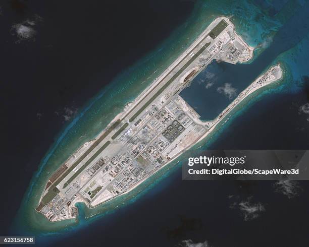 DigitalGlobe via Getty Images imagery of the Fiery Cross Reef located in the South China Sea. Fiery Cross is located in the western part of the...
