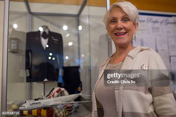 Retired American Airlines Captain Beverley Bass in front of a display of her uniform at the North Atlantic Aviation Museum. The Boeing 777 Captain...