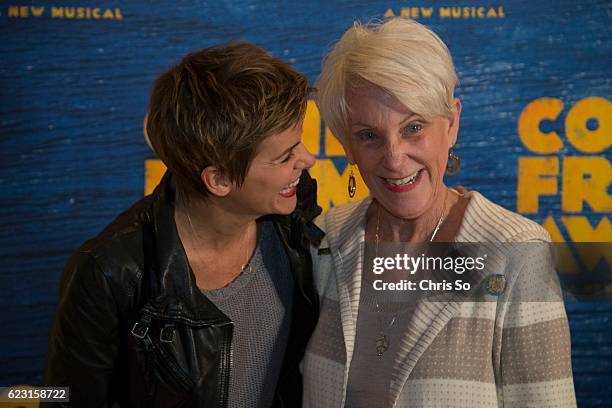 Actor Jenn Colella, left, and retired American Airlines Captain Beverley Bass share a light moment during a photo call for the musical Come From Away...