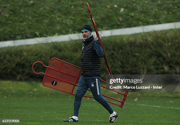 Internazionale Milano coach Stefano Pioli looks on during the FC Internazionale training session at the club's training ground "La Pinetina" on...