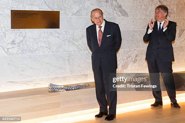 Prince Philip, The Duke Of Edinburgh and Deyan Sudjic, Director of The Design Museum unviels a plaque as he opens the new Design Museum at The Design...