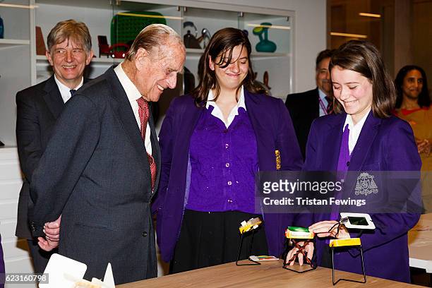 Prince Philip, The Duke Of Edinburgh meets school children showcasing their design projects as he opens the new Design Museum at The Design Museum on...