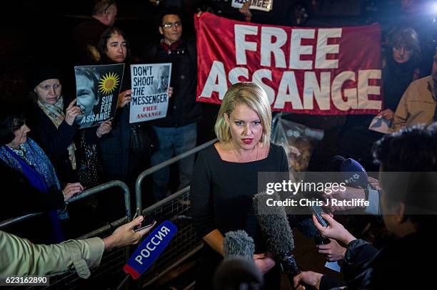 Australian human rights lawyer Jennifer Robinson speaks to the press after Swedish chief prosecutor Ingrid Isgren leaves the Embassy of Ecuador after...