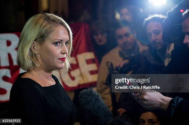 Australian human rights lawyer Jennifer Robinson speaks to the press after Swedish chief prosecutor Ingrid Isgren leaves the Embassy of Ecuador after...