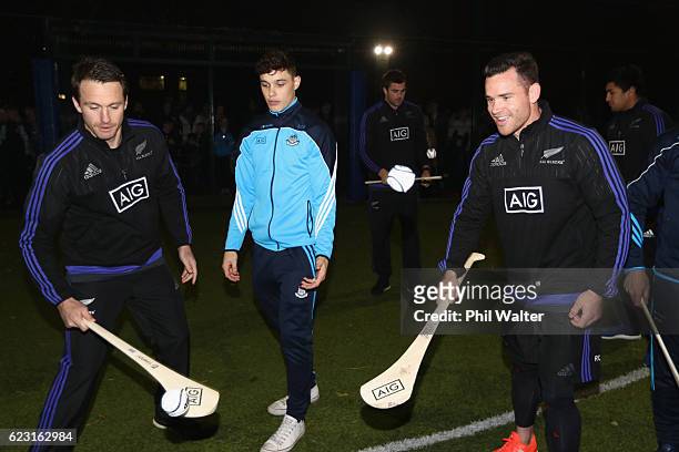 Ben Smith and Ryan Crotty of the New Zealand All Blacks try the Irish sport of Hurling and get advice from Eoghan O'Donnell of the Dublin Hurling...