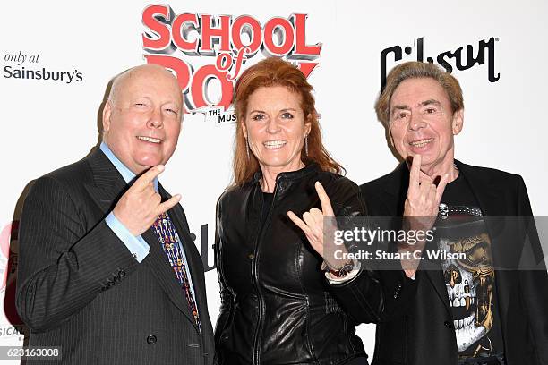 Julian Fellowes, Sarah Ferguson, Duchess of York and Andrew Lloyd Webber attend the opening night of 'School Of Rock The Musical' at the New London...
