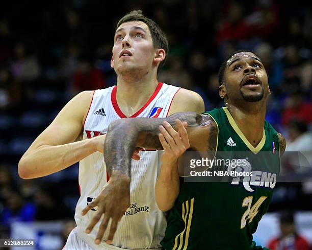 Kyle Wiltjer of the Rio Grande Valley Vipers and Chane Behanan of the Reno Bighorns look for a reboud during the second quarter of their game at the...