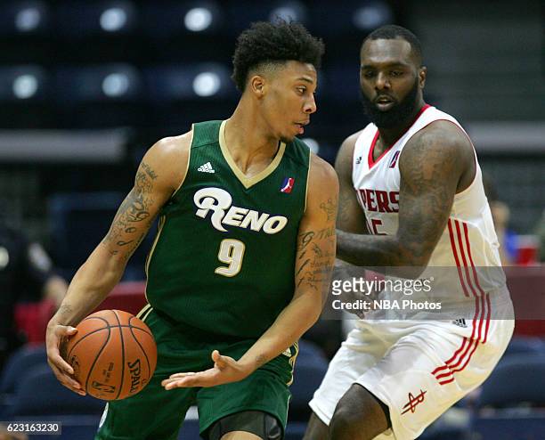 Malachi Richardson of the Reno Bighorns moves the ball against PJ Hairston of the Rio Grande Valley Vipers during the fourth quarter of their game at...