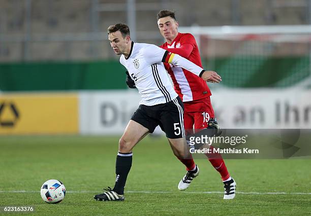 Benedikt Gimber of Germany battles for the ball with Filip Jagiello of Poland during the U20 international friendly match between Germany and Poland...