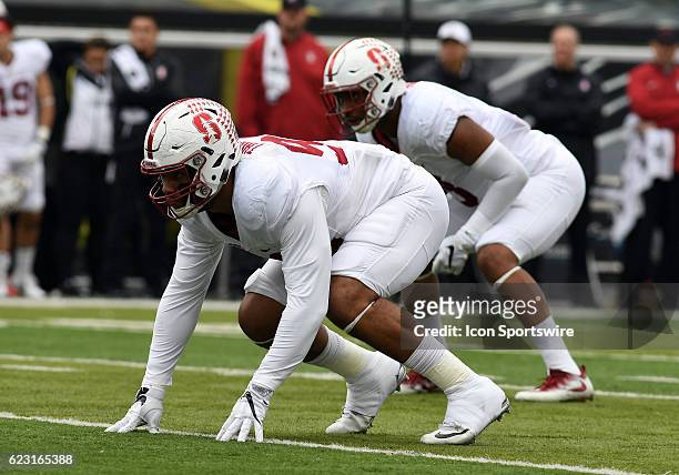 Stanford University DE Solomon Thomas readies to rush the passer during a PAC-12 NCAA football game between the Oregon Ducks and the Stanford...