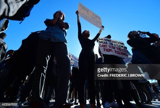 Students from East Los Angeles high schools march to Mariachi Plaza on November 14, 2016 in East Los Angeles, California, to protest against...