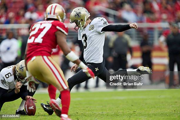 Kicker Wil Lutz of the New Orleans Saints makes the point after touchdown against the San Francisco 49ers in the fourth quarter on November, 6 2016...