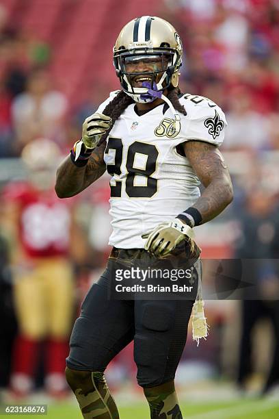 Cornerback B.W. Webb of the New Orleans Saints celebrates an interception before having the play called back on a penalty during the fourth quarter...