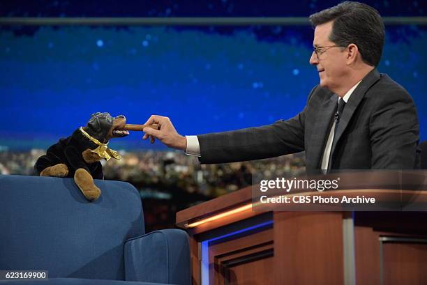 The Late Show with Stephen Colbert with Triumph, the Insult Comic Dog during Wednesday's 11/9/16 show in New York.