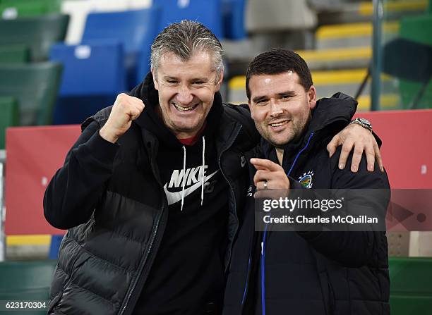 Former Croatian striker Davor Suker meets former Northern Ireland striker David Healy as the Croatia squad take part in a training session at Windsor...