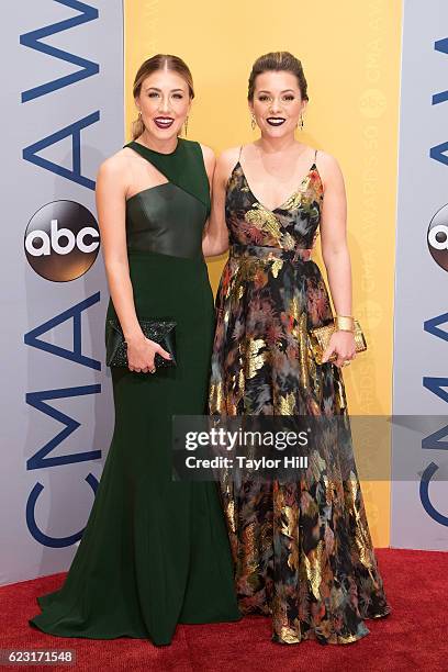 Maddie Marlow and Taylor Dye of Maddie & Tae attend the 50th annual CMA Awards at the Bridgestone Arena on November 2, 2016 in Nashville, Tennessee.