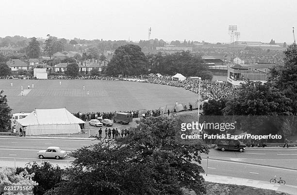 An elevated view of the Gillette Cup Quarter Final between Essex and Lancashire at the County Ground, Chelmsford, 30th June 1971. The football ground...