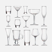 Set of cocktail stemware and glasses for alcohol