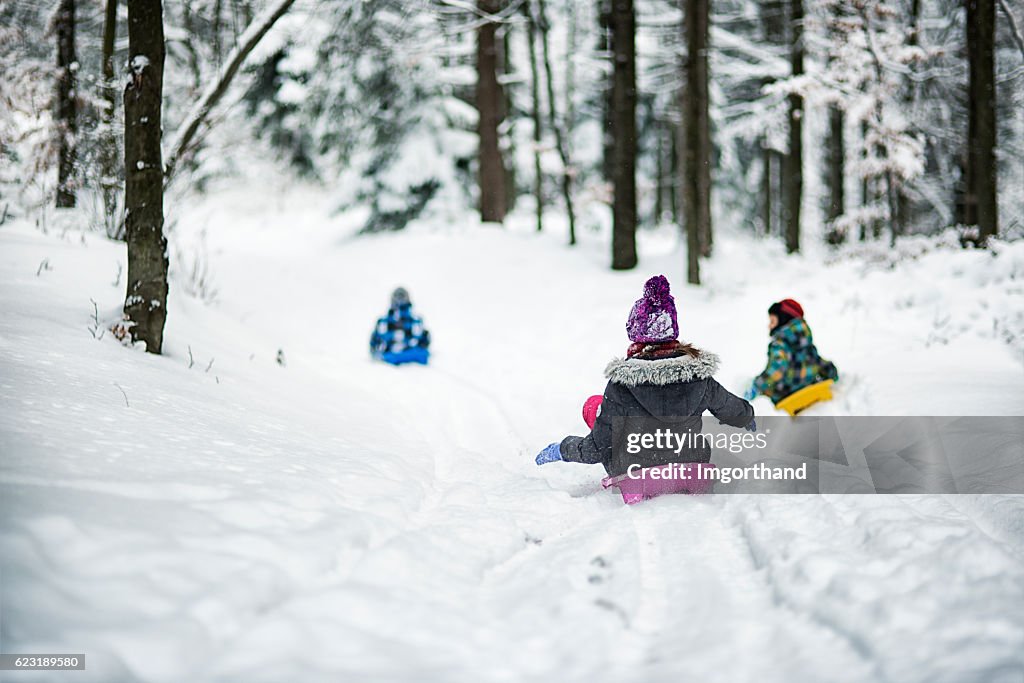 Kinder Rodeln im Winterwald.