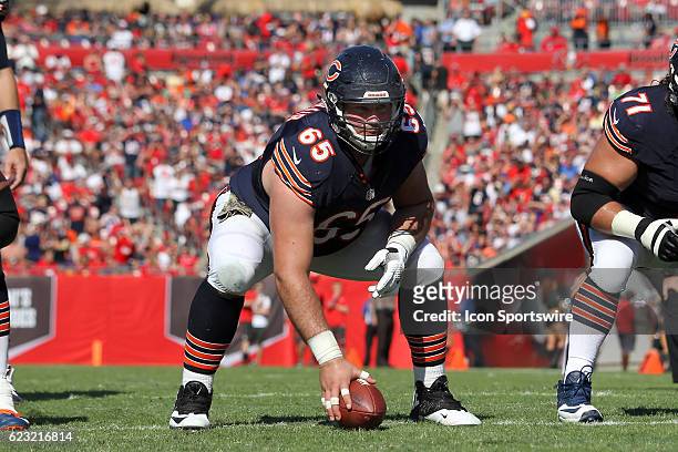 Cody Whitehair of the Bears is ready to snap the football during the NFL game between the Chicago Bears and Tampa Bay Buccaneers on November 13 at...