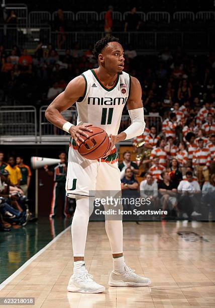 University of Miami guard Bruce Brown plays during an NCAA basketball game between the Western Carolina University Catamounts and the University of...