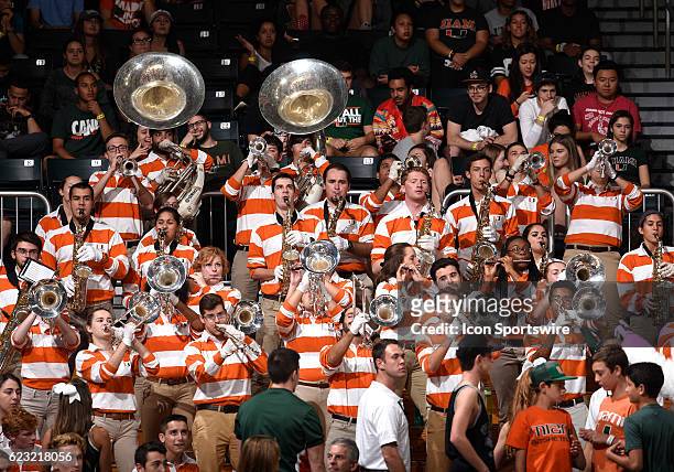 University of Miami Pep Band performs during an NCAA basketball game between the Western Carolina University Catamounts and the University of Miami...
