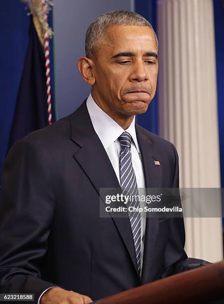 President Barack Obama pauses during a news conference in the Brady Press Briefing Room at the White House on November 14, 2016 in Washington, DC....