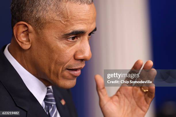 President Barack Obama speaks during a news conference in the Brady Press Briefing Room at the White House on November 14, 2016 in Washington, DC....