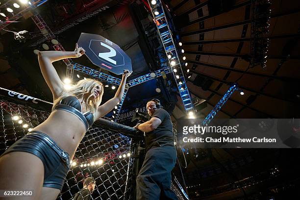View of ring girl holding up 2 card during Conor McGregor vs Eddie Alvarez Men's Lightweight fight at Madison Square Garden. New York, NY CREDIT:...