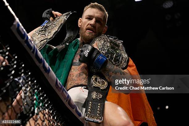 Closeup of Conor McGregor victorous with belts after Men's Lightweight fight vs Eddie Alvarez at Madison Square Garden. New York, NY CREDIT: Chad...