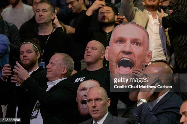 View of fans holding Conor McGregor cutouts in stands before Men's Lightweight fight vs Eddie Alvarez Men's Lightweight fight at Madison Square...