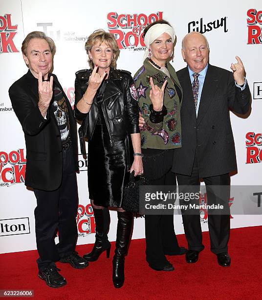 Andrew Lloyd Webber, Madeleine Lloyd Webber, Emma Joy Kitchener and Julian Fellowes attend the opening night of 'School Of Rock The Musical' at The...