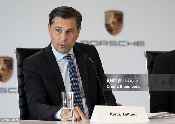 Klaus Zellmer, president and chief executive officer of Porsche Cars North America Inc., speaks at the Porsche Experience Center in Carson,...