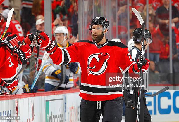 Kyle Quincey of the New Jersey Devils in action against the Buffalo Sabres at the Prudential Center on November 12, 2016 in Newark, New Jersey. The...