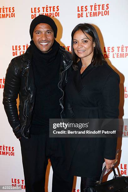 Football Player Olivier Dacourt and his wife Stephanie attend "Les Tetes de l''Emploi" Paris Premiere at Cinema Gaumont Opera Capucines on November...