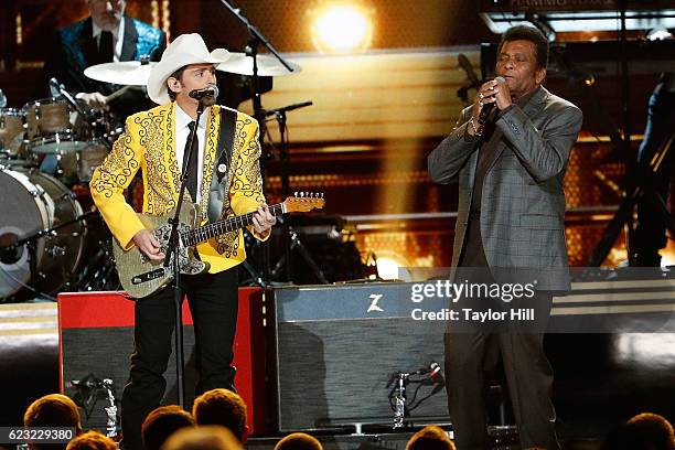 Brad Paisley and Charley Pride perform onstage during the 50th annual CMA Awards at the Bridgestone Arena on November 2, 2016 in Nashville, Tennessee.