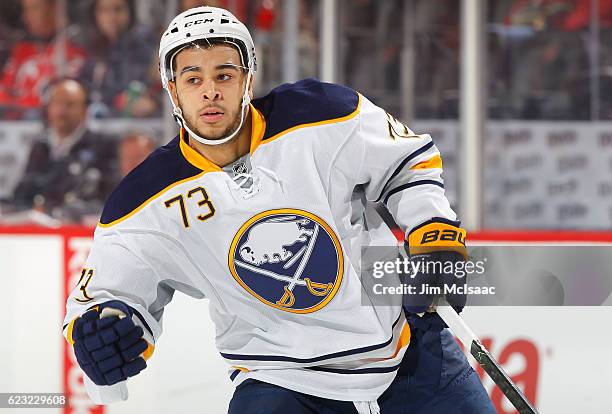 Nicholas Baptiste of the Buffalo Sabres in action against the New Jersey Devils at the Prudential Center on November 12, 2016 in Newark, New Jersey....