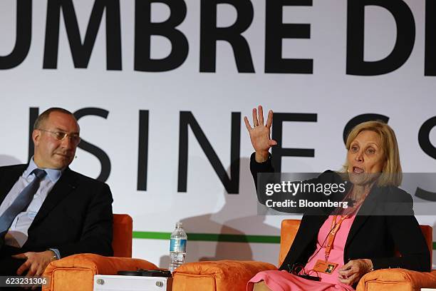 Donna Hrinak, president of Boeing Co., right, and Frederic Garcia, chief executive officer of Airbus Group Mexico, participate in a panel discussion...
