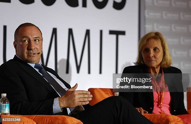 Frederic Garcia, chief executive officer of Airbus Group Mexico, left, Donna Hrinak, president of Boeing Co., participate in a panel discussion...
