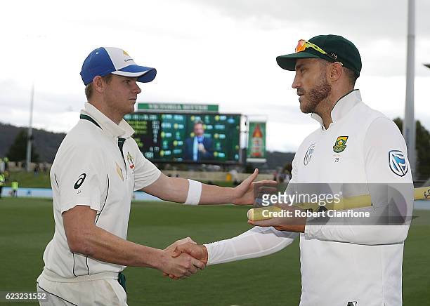 Steve Smith of Australia and Faf du Plessis of South Africa shake hands after day four of the Second Test match between Australia and South Africa at...