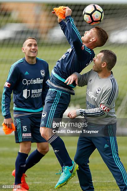 Oliver Bozanic of the Victory heads th ball during a Melbourne Victory training session at AAMI Park on November 15, 2016 in Melbourne, Australia.