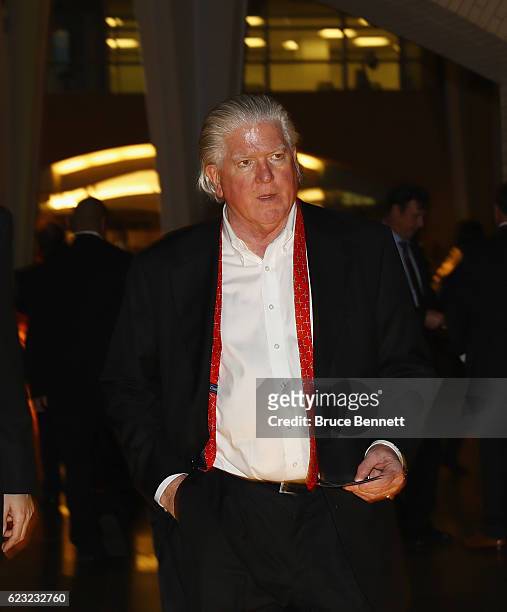 Brian Burke walks the red carpet prior to the 2016 Hockey Hall of Fame induction ceremony at the Hockey Hall Of Fame & Museum on November 14, 2016 in...