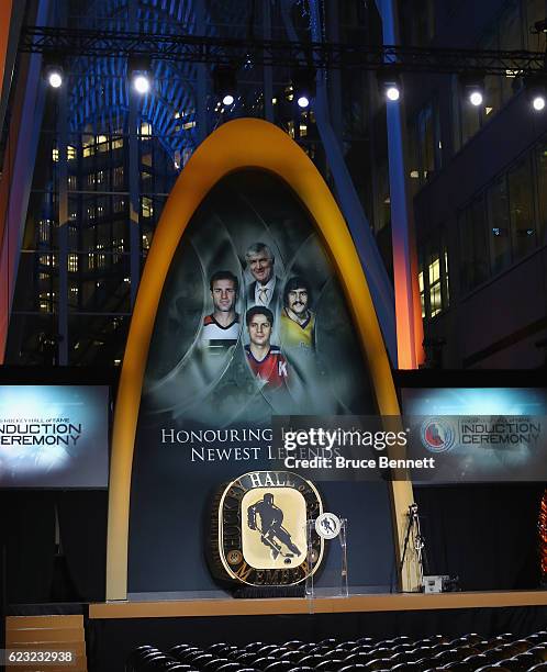 General view of the venue for the 2016 Hockey Hall of Fame induction ceremony at the Hockey Hall Of Fame & Museum on November 14, 2016 in Toronto,...